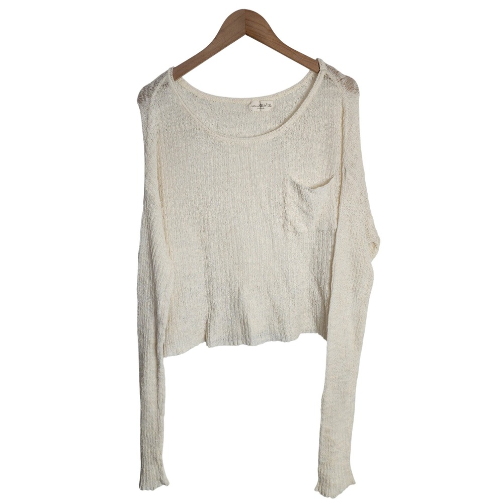 Natural Life Sweater Womens XL Cream Knit Long Sleeve Pocket Scoop Neck Cropped